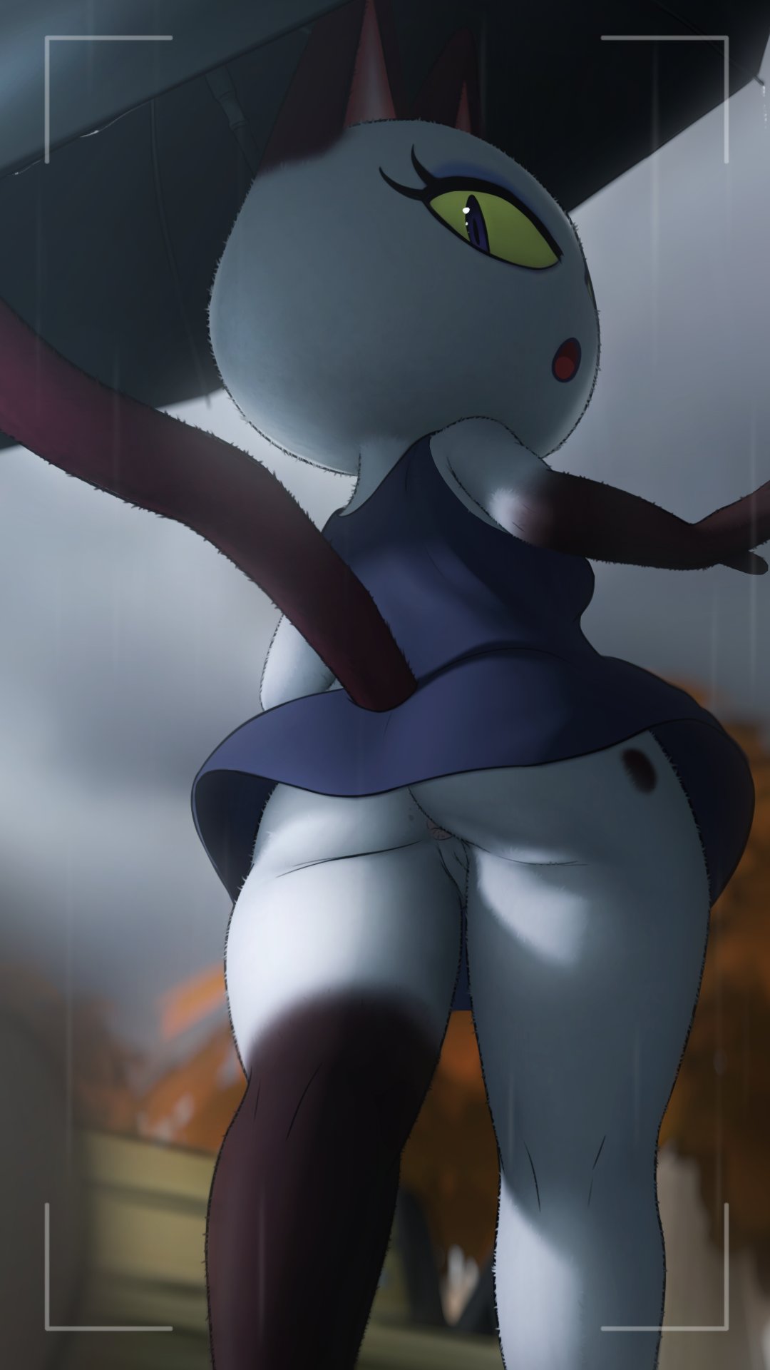 1girls, alternate body type, animal crossing, anthro, ass, cat ears, cat girl, cat tail, catgirl, feline, female, fur, furry, greatm8, looking down, nintendo, olivia (animal crossing), pussy, rain, red fur, tagme, white fur, yellow eyes