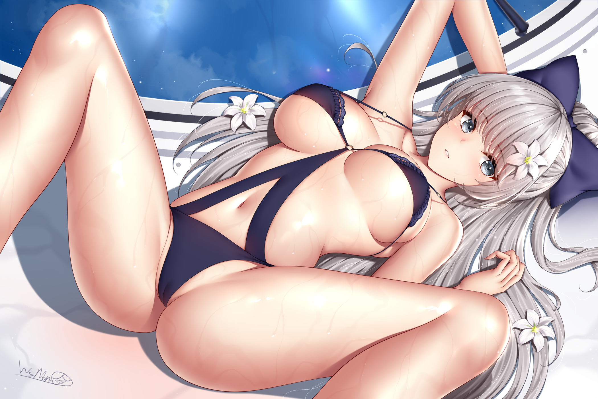 1girls, azur lane, breasts, female, female only, flower in hair, grey eyes, hair ornament, highres, long hair, lying on back, one-piece swimsuit, pool, solo, spread legs, swimsuit, thighs, very long hair, vittorio veneto (azur lane), wet skin, white hair, wsman