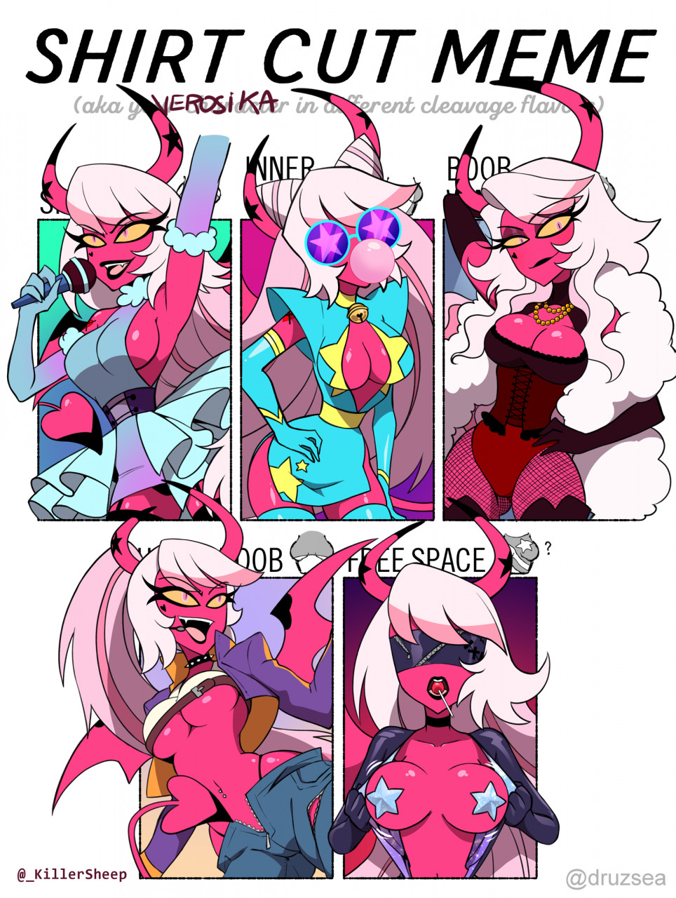 big_breasts breasts bubblegum collar demon demon_girl eyelashes hair helluva_boss horns meme nataly-b pasties pink_body pink_skin shirt_cut_meme sideboob smile spiked_collar succubus underboob verosika_mayday_(helluva_boss) white_hair wings