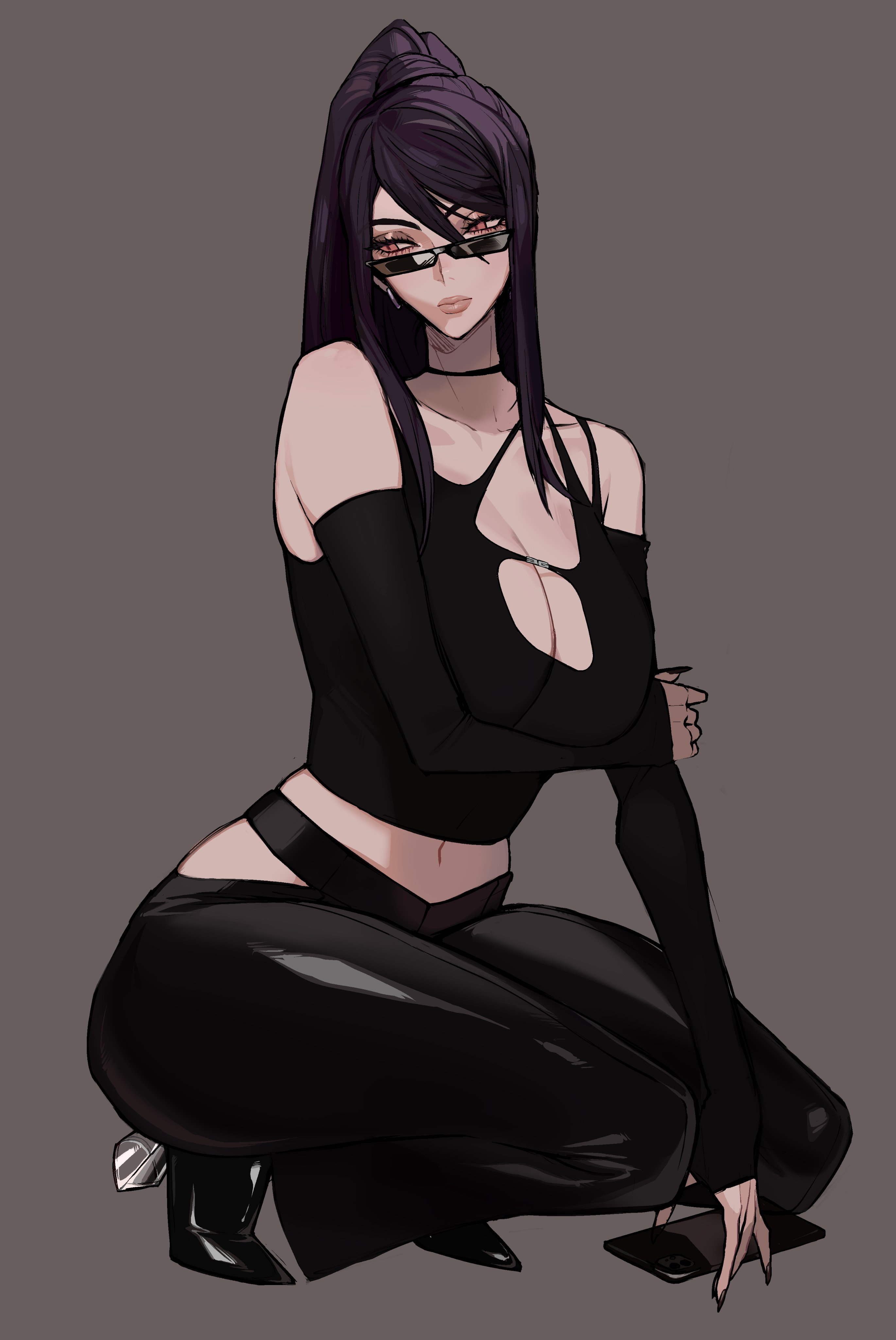 1girls, absurd res, arm gloves, bangs, bare shoulders, black hair, breasts, cleavage, elegant, ennuigrl, erato (ennuigrl), female, female only, grey background, heels, long hair, looking away, looking over eyewear, looking over glasses, looking over sunglasses, navel, phone, pointy ears, ponytail, red eyes, slit pupils, solo, solo female, sunglasses, tied hair, tinted eyewear, unamused