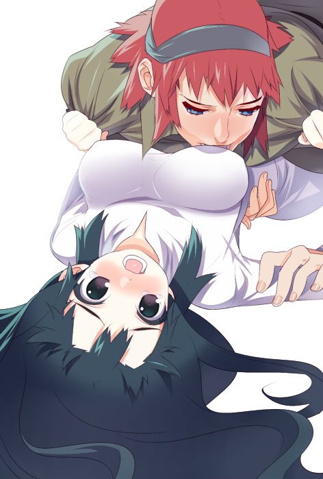 female black_hair blush breast_sucking breasts couple lying mono on_stomach open_mouth red_hair shadow_of_the_colossus tear teeth tensugi_takashi tongue torso_grab wander