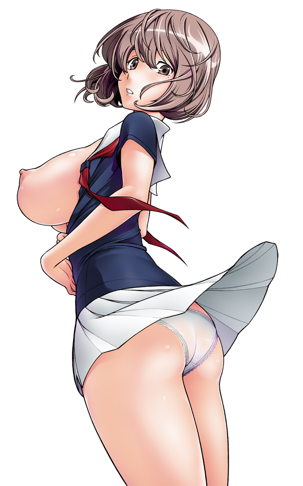 1girls aoki_yuriko ass bakuman breasts brown_eyes brown_hair female fukudahda huge_breasts kensoh_ogawa kensou_ogawa legs looking_back mole nipples open_clothes open_shirt panties pantyshot parted_lips pleated_skirt shirt short_hair sideboob simple_background skirt solo underwear white_background white_panties wind_lift