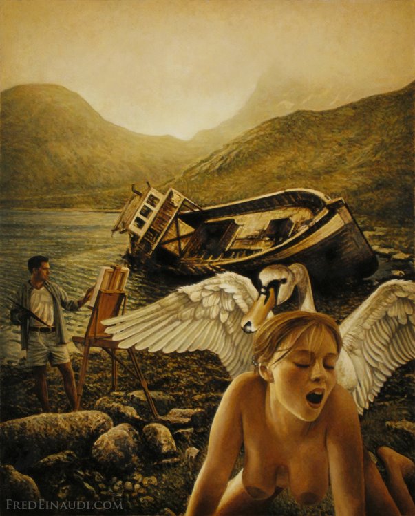 1animal 1girls 2boys all_fours art beached boat canvas_(object) clothed_male_nude_female day doggy_style easel fred_einaudi hanging_breasts leda_and_the_swan mythology outdoor_sex outdoors public_domain seaside shorts small_breasts tagme