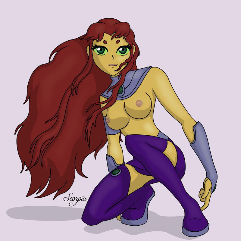 1girls alien alien_girl alien_humanoid big_breasts boots breasts breasts_exposed breasts_out cartoon_network dc_comics female green_eyes koriand'r long_hair orange_skin partially_clothed red_hair redhead scorpia simple_background solo starfire straight_hair superheroine tamaranean teen_titans