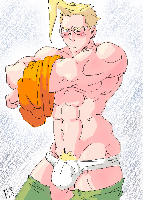 1boy abs bara biceps blonde blonde_hair blue_eyes blush blushing bulge charlie_nash dongsaeng glasses green_pants human human_only light-skinned_male light_skin male male_focus male_only muscle muscles muscular muscular_male one_eye_closed orange_shirt pants_down pubic_hair simple_background street_fighter topless underwear undressing white_background white_underwear yaoi