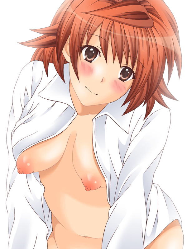 beige_skin blush breasts brown_eyes closed_mouth clothes color female female_only front_view hair human nipples open_clothes open_eyes rule_63 solo to_love-ru white_background yuuki_rito yuusaki_riko