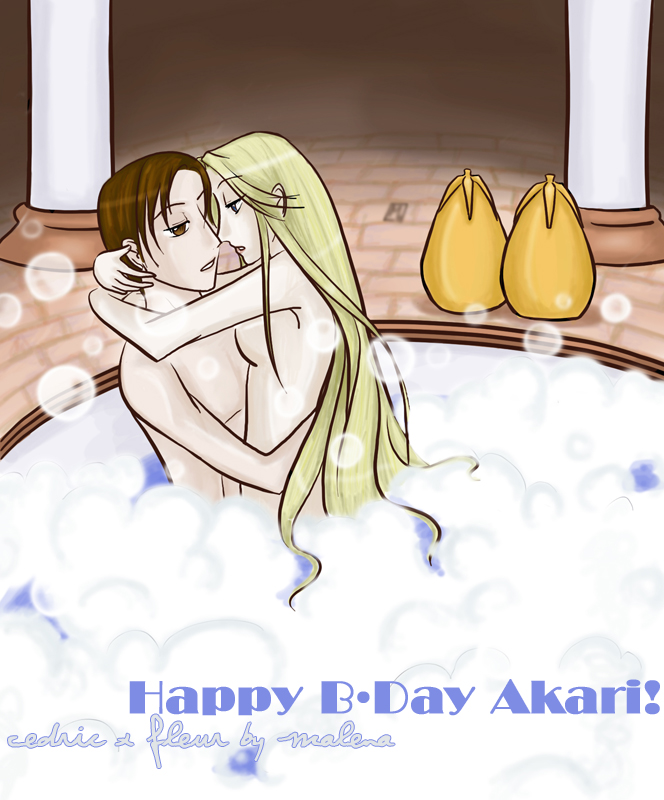 1boy 1girls artist_name background bath bathing bathroom bathtub beauxbatons blonde_hair blue_eyes brown_eyes brown_hair bubble cedric_diggory duo egg english_text female fleur_delacour french gold_(metal) hair half-closed_eyes harry_potter harry_potter_and_the_goblet_of_fire hogwarts holding hugging human indoors light-skinned_female light-skinned_male light_skin long_hair looking_at_another male malena-sama naked nude nude_female nude_male nudity parted_lips pillar prefects'_bathroom short_hair side_view sideboob small_breasts soap soap_bubbles straight straight_hair tagme teeth text upper_body water wet