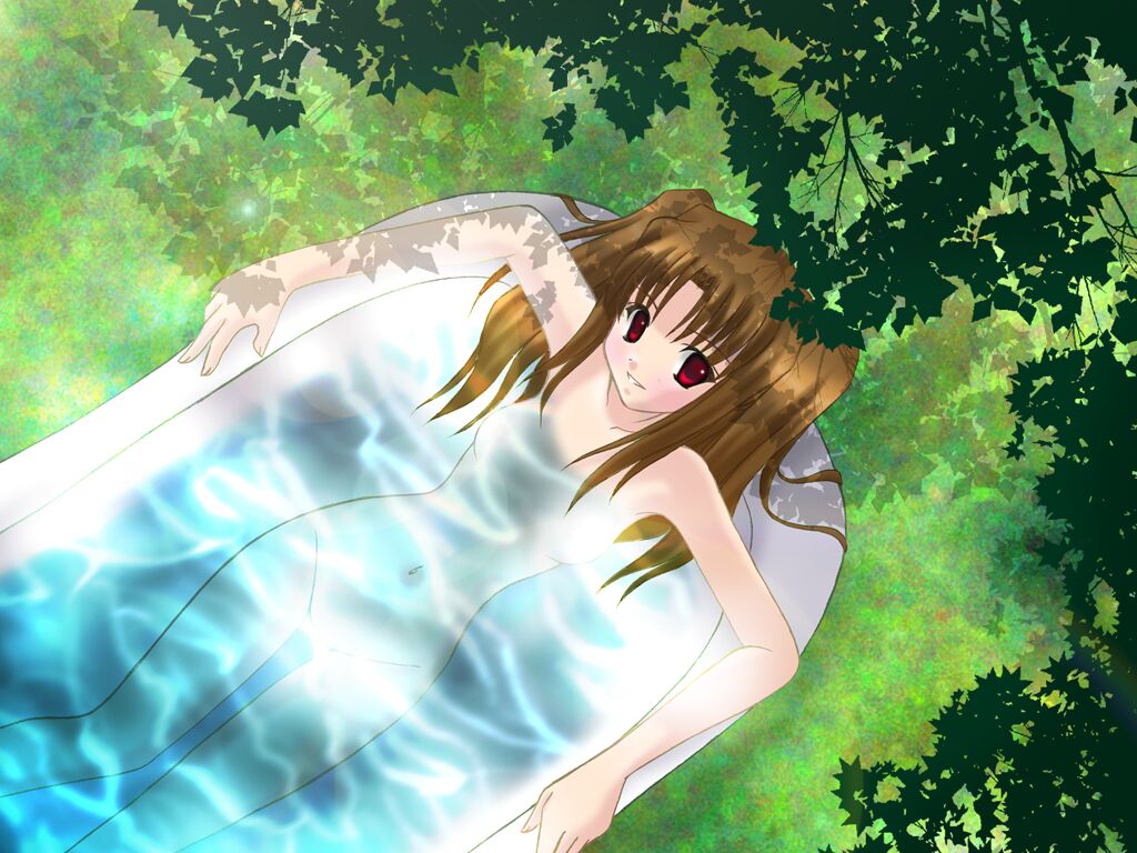 bath bathtub forest grass kagetsu_tohya melty_blood nature nude outdoors solo tree tsukihime type-moon yumizuka_satsuki