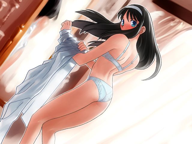 1girls akiha_tohno ass back black_hair blue_eyes blush bra dressing error female_ass game_cg hairband lace-trimmed_bra lace-trimmed_lingerie lace-trimmed_panties lace_trim lingerie long_hair looking_back melty_blood mirror panties solo standing takeuchi_takashi thighs tohno_akiha tsukihime type-moon underwear white_bra white_hairband white_lingerie white_panties