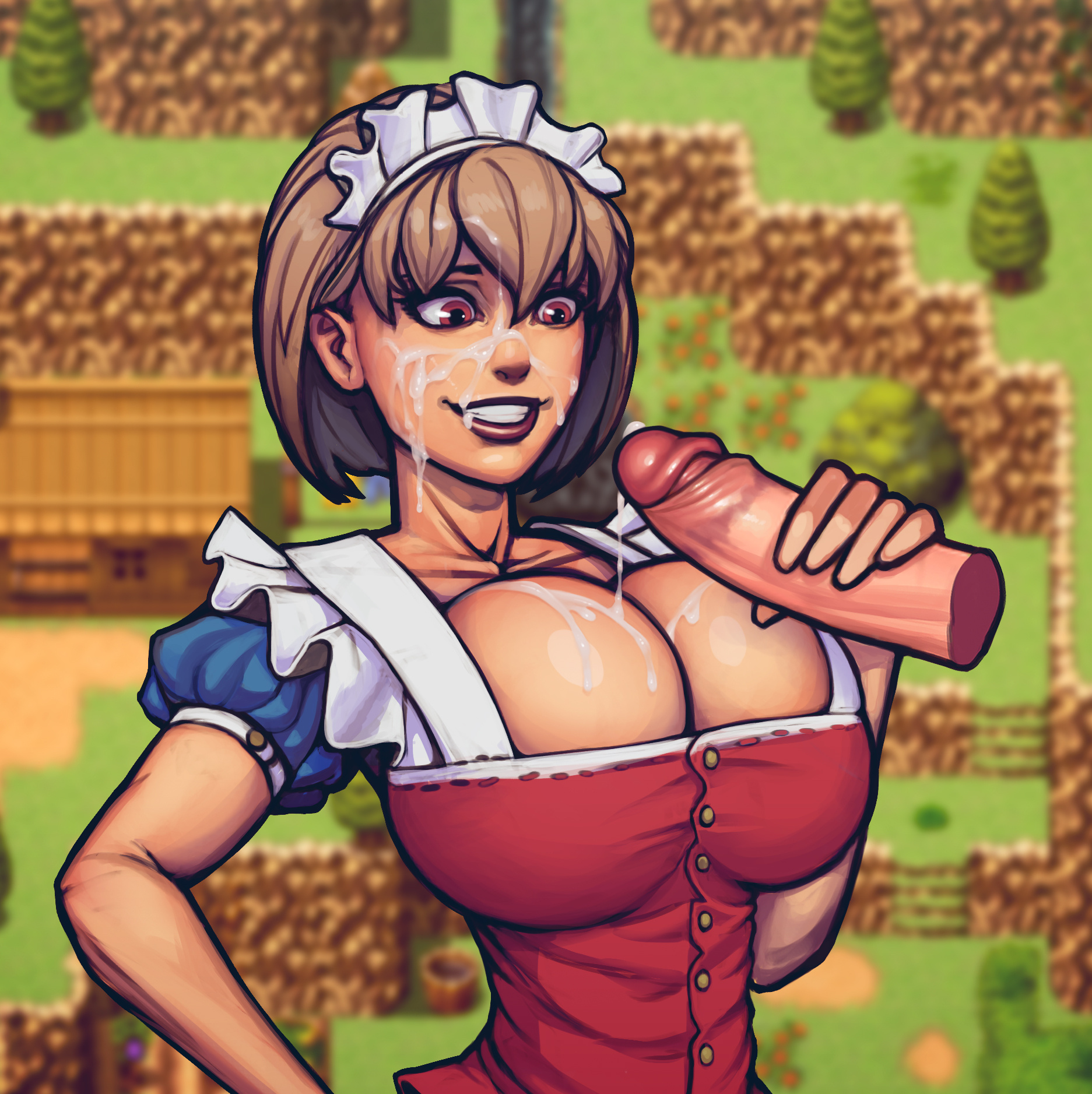 alice (warlock and boobs), big breasts, boobsgames, breasts, brown hair, brown skin, clothed female, cum on face, female, handjob, male, red eyes, unseen male face, warlock and boobs