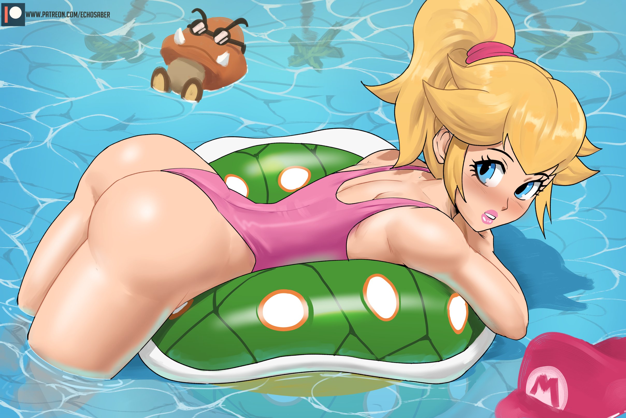 1girls, 1other, absurd res, alternate hairstyle, ambiguous gender, ass, big ass, big butt, blonde hair, blue eyes, blush, earrings, echosaber, eyelashes, female, female focus, fringe, goomba, hat, highres, light skin, light-skinned female, lipstick, long hair, looking at viewer, looking back, mario (series), nintendo, one-piece swimsuit, pale skin, pale-skinned female, petite, pink lipstick, pink swimsuit, ponytail, pool, presenting ass, princess, princess peach, royalty, seductive look, slim, super mario bros., swimsuit, thick thighs, thighs, water
