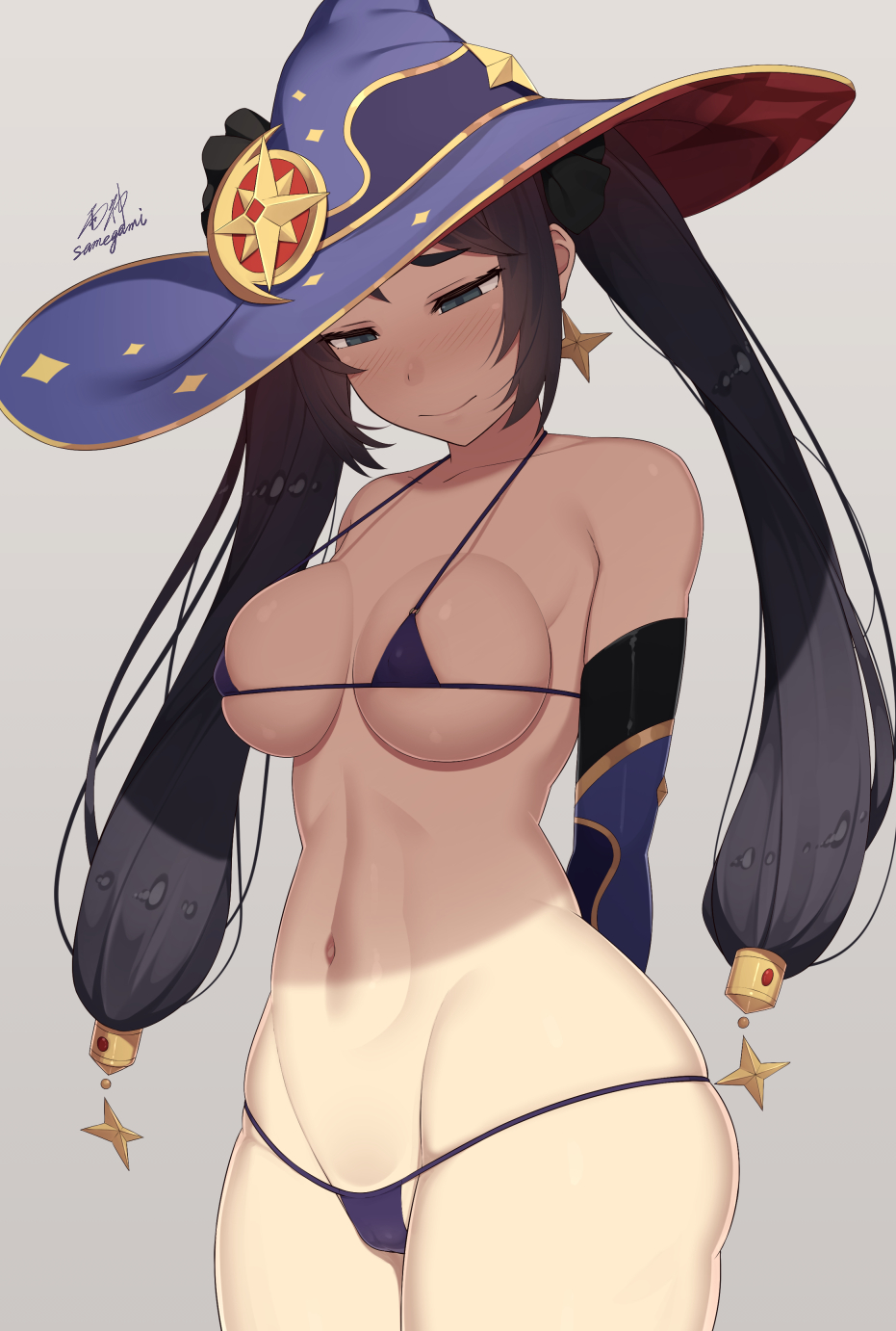 1girls, bikini, bikini bottom, bikini top, black hair, blue eyes, breasts, female, genshin impact, hat, long hair, mona (genshin impact), nipples visible through clothing, samegami, solo, tagme, twintails, white skin, 雨神（さめがみ
