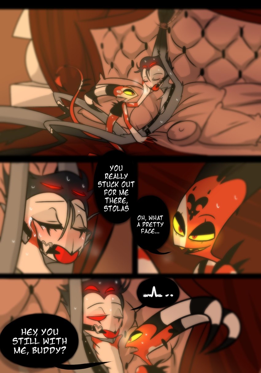 4 eyes, anal, anal sex, anthro, avian, ball gag, bird, blitzo (helluva boss), bondage, bound, bsdm, censored, comic, danidrawsandstuff, demon, dildo, double anal, double penetration, duo, english text, feathers, gag, gay, genitals, hands tied, helluva boss, hi res, humanoid, imp, larger male, lube, lube drip, male, male/male, mosaic censorship, multi eye, orgasm, owl, owl demon, penetration, penis, red body, red eyes, rope, rope bondage, sex toy, size difference, smaller male, spade tail, stolas (helluva boss), tears, tears of pleasure, text, white body, white skin, yellow sclera
