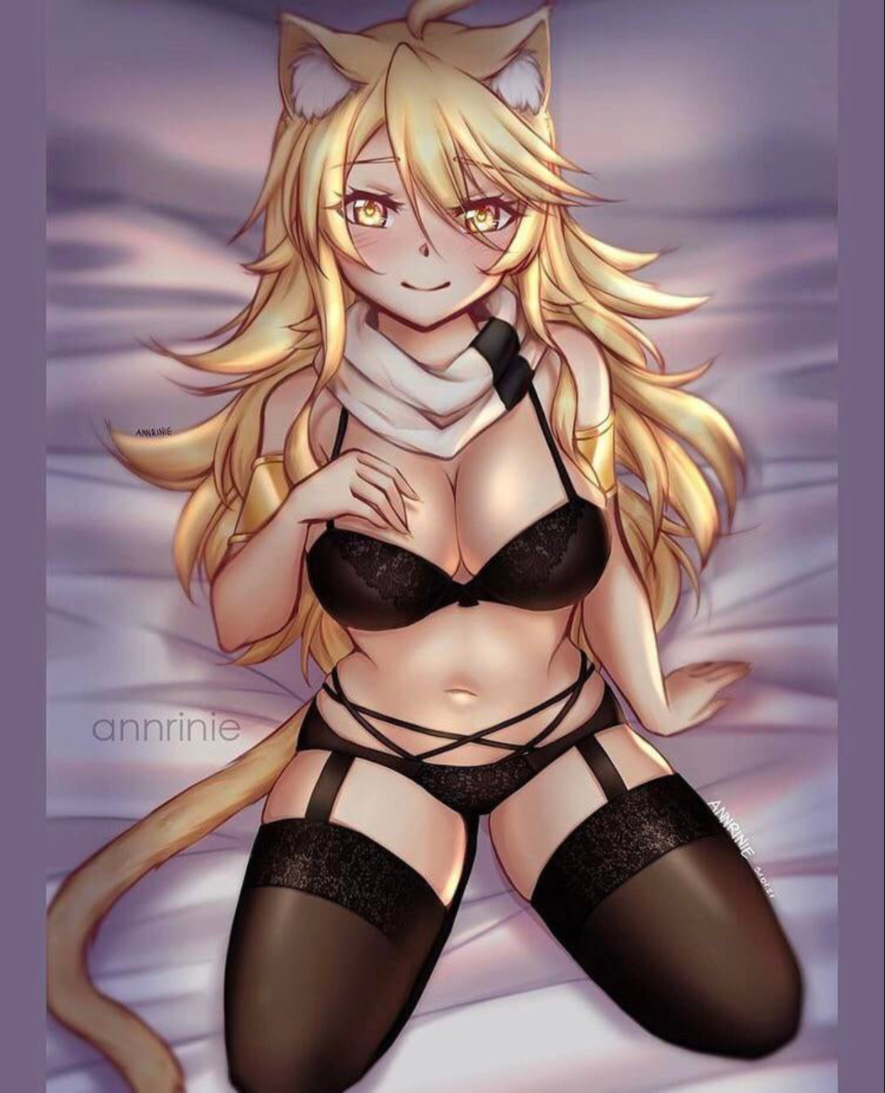 akame ga kill!, blonde hair, cat ears, eyebrows visible through hair, heart-shaped pupils, leone (akame ga kill!), lingerie, looking at viewer, scarf, tail, yellow eyes