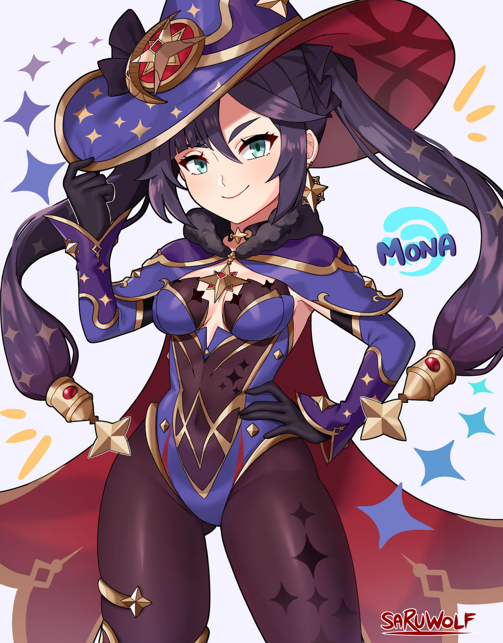 1girls, ass visible through thighs, black hair, blue eyes, breasts, cape, clothed, clothing, ear piercing, female, genshin impact, hand on hip, hat, lipstick, looking at viewer, medium hair, mona (genshin impact), sarukaiwolf, solo, twintails, white background, white skin
