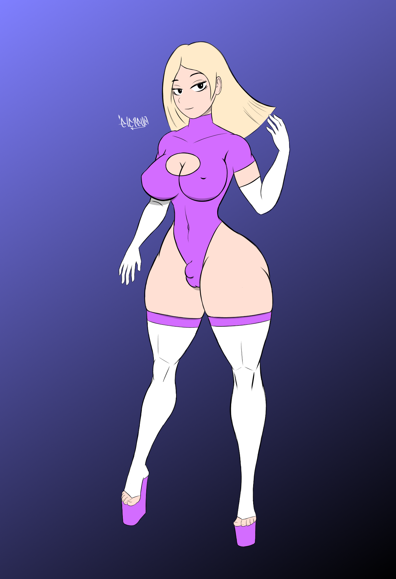 1futa, big breasts, breasts, bulge, cleavage, cleavage cutout, clothed, clothing, elcreyo, elcreyo (artist), fully clothed, futa only, futanari, heroine, high heels, human, intersex, legs, light skin, light-skinned futa, line art, long hair, long legs, nipples, nipples visible through clothing, original, original character, pale skin, penis, platform footwear, platform heels, simple background, simple face, skintight, skintight bodysuit, small penis, smug, solo, standing, stockings, thick thighs, wedge heels, wide hips