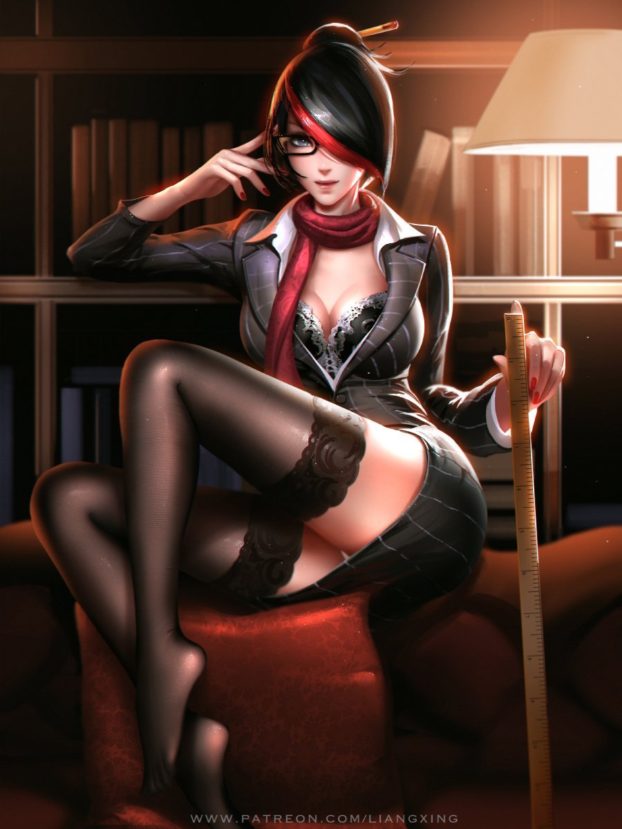 academy_series black_hair blue_eyes books bookshelf breasts costume eyeglasses feet female female_only fiora_laurent headmistress_fiora lamp league_of_legends legs liang_xing lingerie looking_at_viewer medium_breasts pencil pencil_(object) pillow riot_games room ruler scarf sitting smile sofa solo_female stockings toes video_games