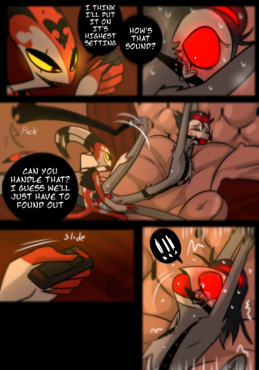 4 eyes, anal, anal sex, anthro, avian, ball gag, bird, blitzo (helluva boss), bondage, bound, bsdm, censored, comic, danidrawsandstuff, demon, dildo, double anal, double penetration, duo, english text, eye roll, feathers, gag, gay, genitals, hands tied, helluva boss, hi res, humanoid, imp, larger male, lube, lube drip, male, male/male, mosaic censorship, multi eye, orgasm, owl, owl demon, penetration, penis, red body, red eyes, rope, rope bondage, sex toy, size difference, smaller male, spade tail, stolas (helluva boss), tears of pleasure, text, white body, white skin, yellow sclera