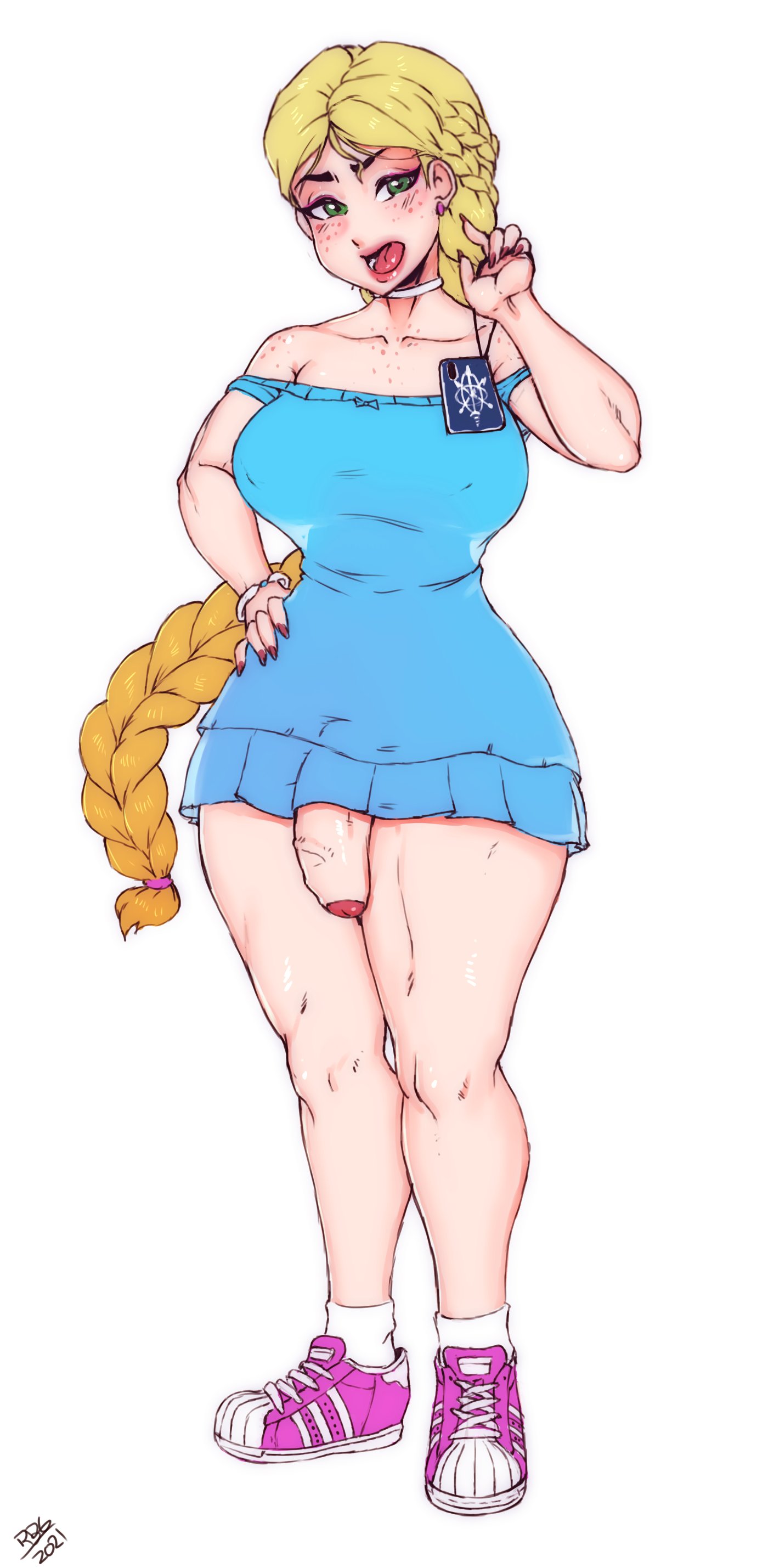 1futa, 2021, big breasts, big penis, blonde hair, breasts, clothed, clothing, dress, flaccid, foreskin, freckles, futa only, futanari, human, intersex, jenny clemens, light skin, light-skinned futa, original, pale skin, partially clothed, penis, randomboobguy, solo, standing, thick thighs, uncircumcised, uncut, wide hips