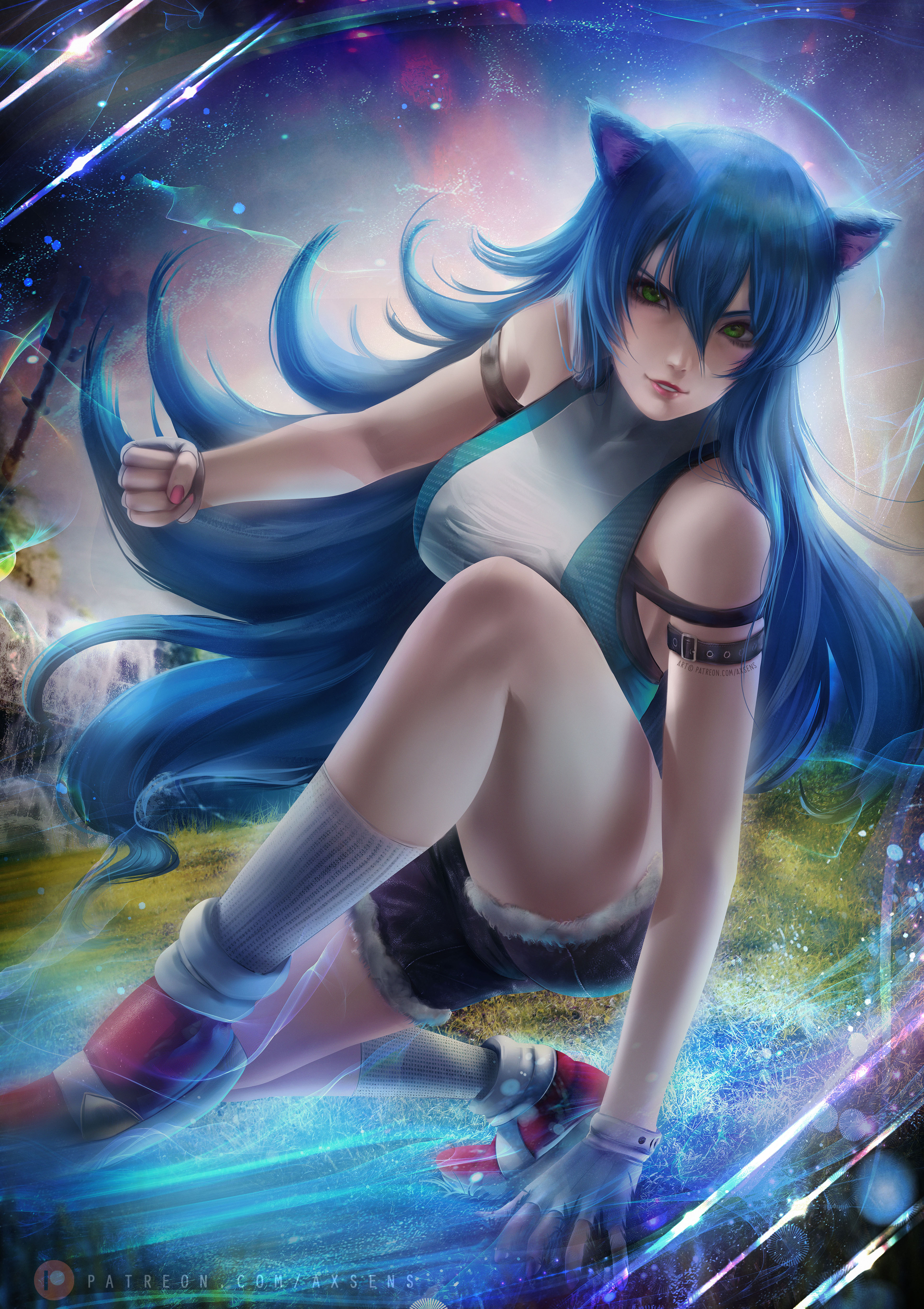 1girls, 2020s, 2021, animal ears, axsens, bangs, bare shoulders, black bottomwear, blue hair, breasts, clenched hand, clothed, clothing, confident, daisy dukes, denim shorts, female, female focus, female only, fingerless gloves, fit, fit female, genderswap, genderswap (mtf), gloves, grass, green eyes, hair between eyes, heroine, humanization, humanized, legs, long hair, looking at viewer, outdoors, rule 63, running shoes, sega, shirt, shoes, shorts, sleeveless, sleeveless shirt, smile, smiling, sneakers, socks, solo, solo female, solo focus, sonic (series), sonic the hedgehog, sonic the hedgehog (series), sonique the hedgehog, thick thighs, thighs, tomboy, very long hair, white handwear