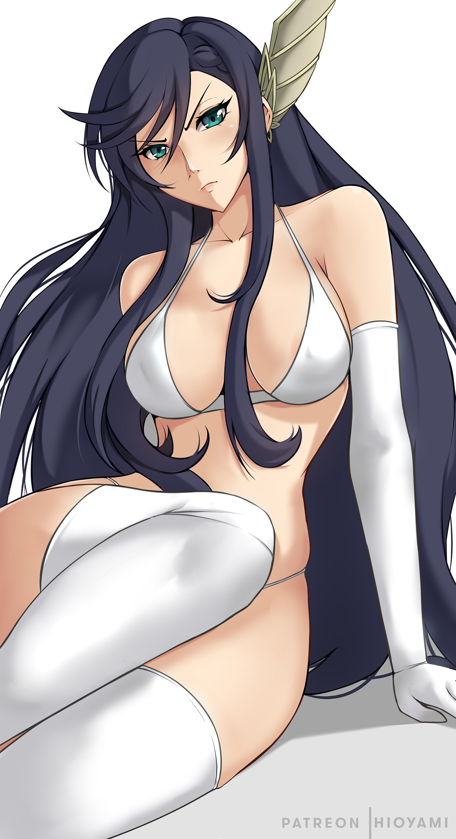 1girls, blue eyes, blush, breasts, brunhilde (shuumatsu no valkyrie), eye contact, female, gloves, hioyami, long hair, looking at viewer, shuumatsu no valkyrie, solo, thick thighs, thighhighs, white background, wide hips
