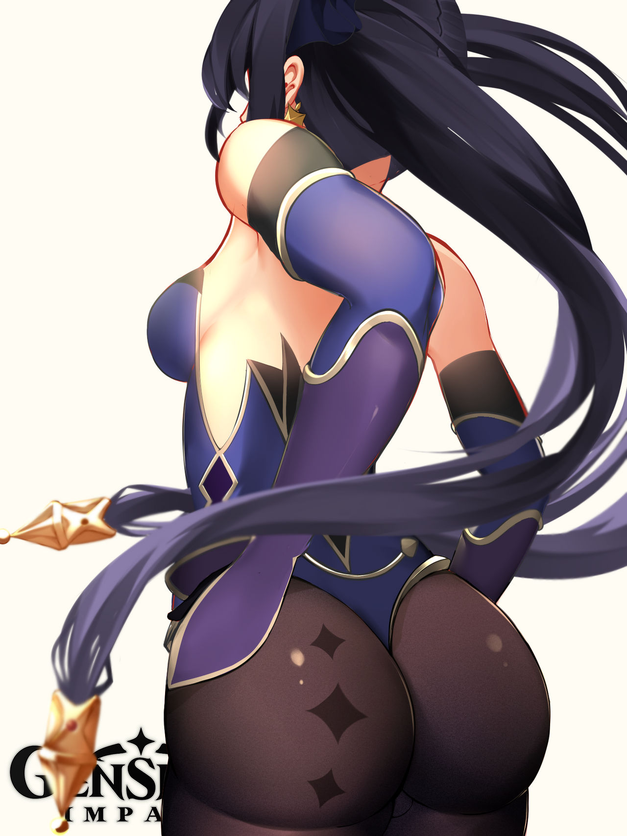 1girls, ass, black hair, breasts, bubble ass, bubble butt, clothed, clothing, ear piercing, female, genshin impact, long hair, mona (genshin impact), nii-q, sideboob, solo, twintails, white background, white skin