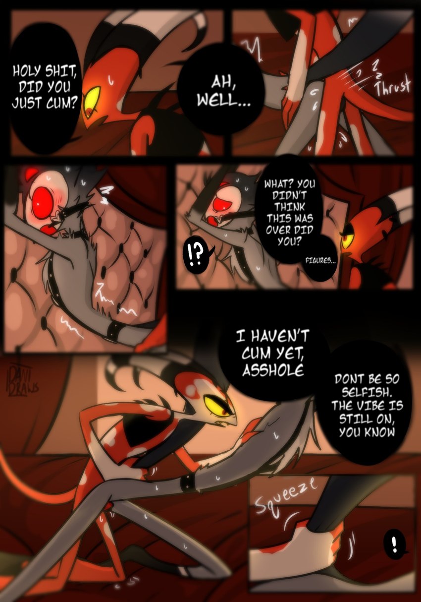4 eyes, anal, anal sex, anthro, avian, ball gag, bird, blitzo (helluva boss), bondage, bound, bsdm, censored, comic, danidrawsandstuff, demon, dildo, double anal, double penetration, duo, english text, feathers, gag, gay, genitals, hands tied, helluva boss, hi res, humanoid, imp, larger male, lube, lube drip, male, male/male, mosaic censorship, multi eye, orgasm, owl, owl demon, penetration, penis, profanity, red body, red eyes, rope, rope bondage, sex toy, size difference, smaller male, spade tail, stolas (helluva boss), tears of pleasure, text, white body, white skin, yellow sclera