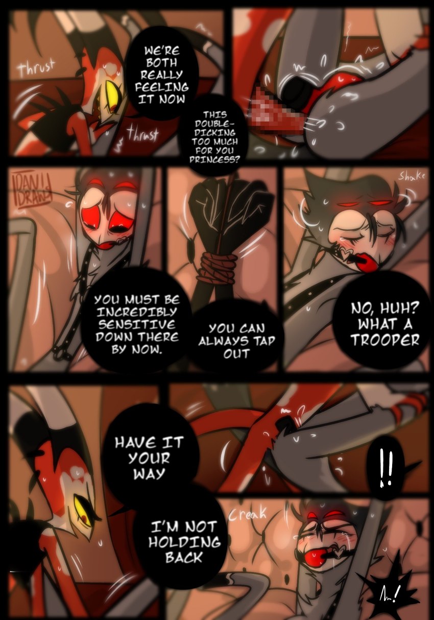 4 eyes, anal, anal sex, anthro, avian, ball gag, bird, blitzo (helluva boss), bondage, bound, bsdm, censored, comic, consent, danidrawsandstuff, demon, dildo, double anal, double penetration, duo, english text, feathers, gag, gay, genitals, hands tied, helluva boss, hi res, humanoid, imp, larger male, lube, lube drip, male, male/male, mosaic censorship, multi eye, orgasm, owl, owl demon, penetration, penis, red body, red eyes, rope, rope bondage, sex toy, size difference, smaller male, spade tail, stolas (helluva boss), tears of pleasure, text, white body, white skin, yellow sclera