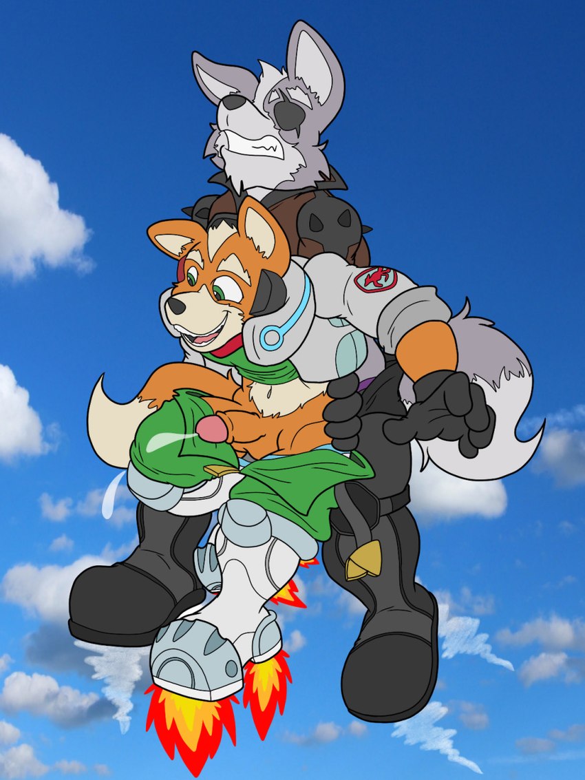 2boys 3:4 anal anal_sex anthro bodily_fluids boots clothing cum duo flying footwear fox_mccloud gay genital_fluids hi_res how-did-we-get-here male male/male male_only nintendo penetration penile penile_penetration penis_in_ass rocket_boots sky star_fox video_games wolf_o'donnell yaoi