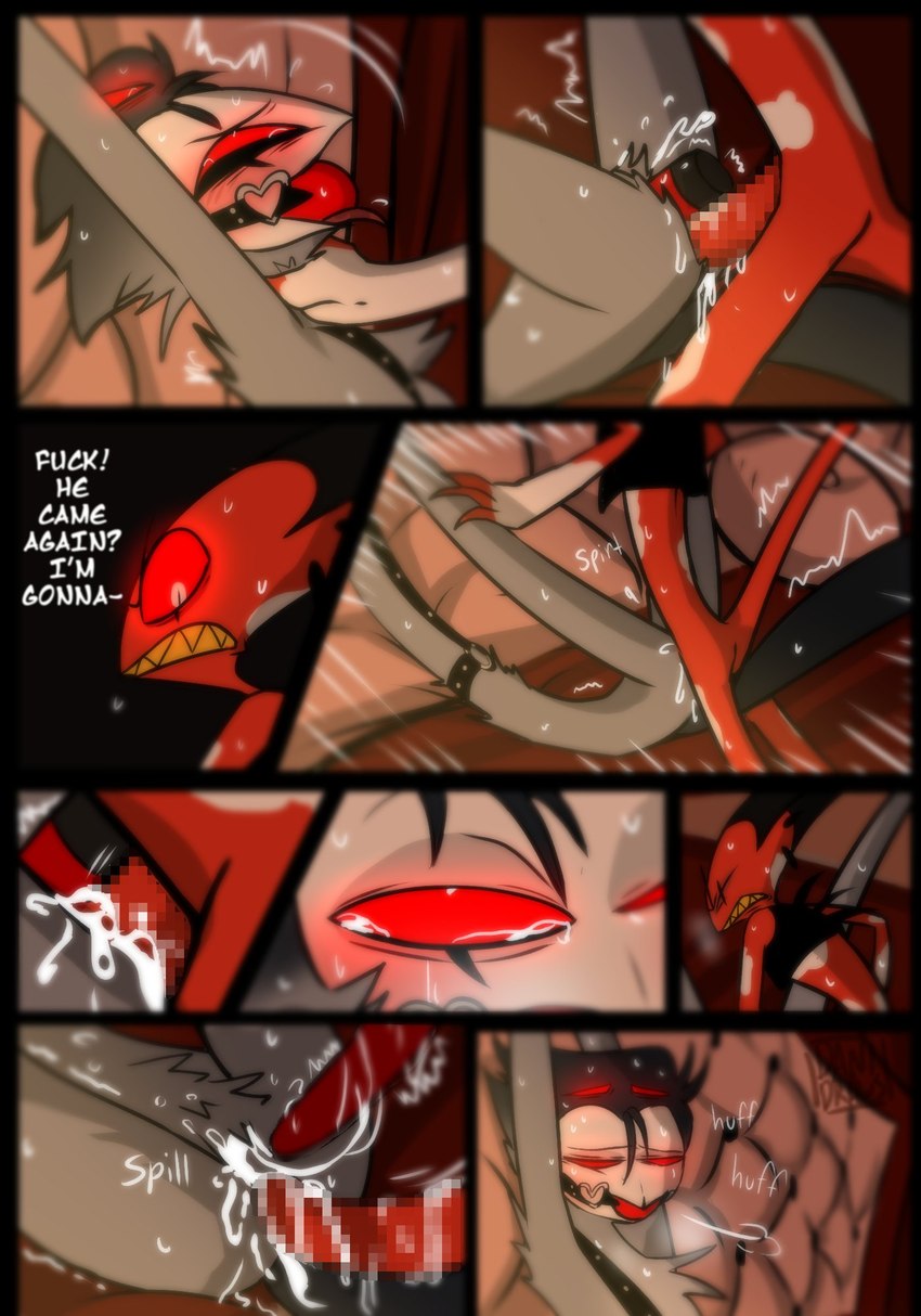 4 eyes, anal, anal sex, anthro, avian, ball gag, bird, blitzo (helluva boss), bodily fluids, bondage, bound, bsdm, censored, comic, cum, cum inside, danidrawsandstuff, demon, dildo, double anal, double penetration, duo, ejaculation, english text, eye roll, feathers, gag, gay, genital fluids, genitals, hands tied, helluva boss, hi res, humanoid, imp, larger male, lube, lube drip, male, male/male, mosaic censorship, multi eye, orgasm, owl, owl demon, penetration, penis, profanity, red body, red eyes, red sclera, rope, rope bondage, sex toy, size difference, smaller male, spade tail, stolas (helluva boss), tears, tears of pleasure, text, white body, white skin