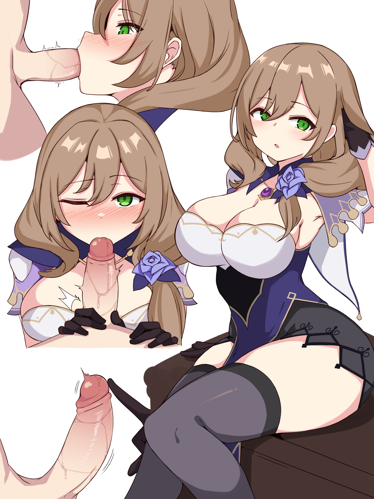 1boy, 1girls, big breasts, blowjob, blush, breasts, clothed female nude male, eye contact, fellatio, female, genshin impact, kumasteam, lisa (genshin impact), long hair, looking at viewer, male, oral, penis, pov, thighs, uncensored, white background