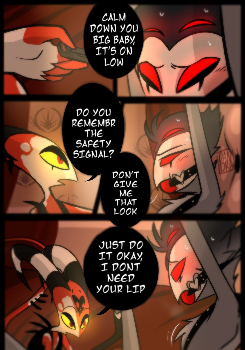 4 eyes, anthro, avian, ball gag, bird, blitzo (helluva boss), bondage, bound, bsdm, comic, danidrawsandstuff, demon, dildo, duo, english text, feathers, gag, gay, hands tied, helluva boss, hi res, humanoid, imp, larger male, male, male/male, multi eye, owl, owl demon, red body, red eyes, rope, rope bondage, sex toy, size difference, smaller male, spade tail, stolas (helluva boss), text, white body, white skin, yellow sclera