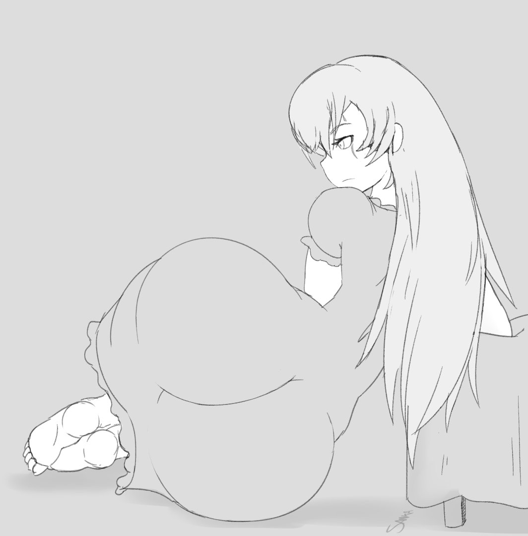1girls, ass, ass focus, barefoot, big ass, black and white, bottom heavy, breasts, bubble ass, bubble butt, busty, curvy, feet, female, hair down, nightgown, pajamas, rooster teeth, round ass, rwby, sanka-tetsu, scar, tight clothing, weiss schnee
