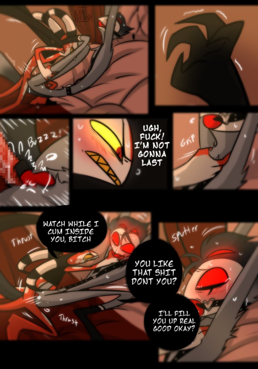 4 eyes, anal, anal sex, anthro, avian, ball gag, bird, blitzo (helluva boss), bondage, bound, bsdm, censored, comic, danidrawsandstuff, demon, dildo, double anal, double penetration, duo, english text, feathers, gag, gay, genitals, hands tied, helluva boss, hi res, humanoid, imp, larger male, lube, lube drip, male, male/male, mosaic censorship, multi eye, orgasm, owl, owl demon, penetration, penis, profanity, red body, red eyes, rope, rope bondage, sex toy, size difference, smaller male, spade tail, stolas (helluva boss), tears, tears of pleasure, text, white body, white skin, yellow sclera