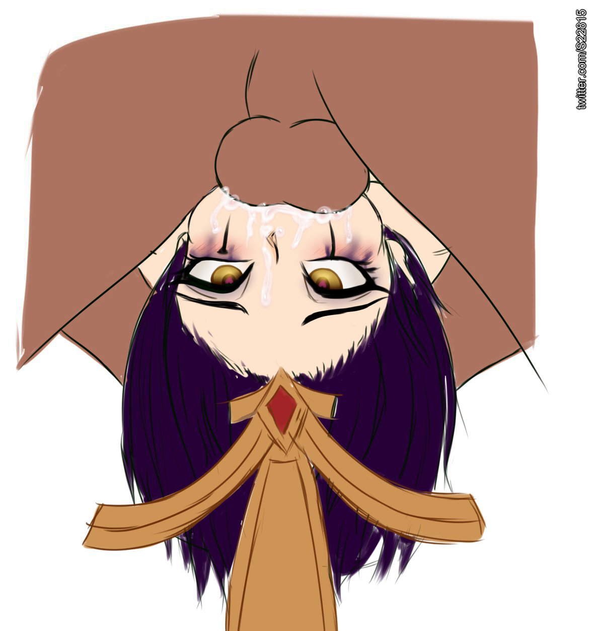 1boy, 1girls, all the way to the base, balls, balls deep, blowjob, cum, cum in mouth, cum in throat, cum inside, dark skin, dark-skinned male, deepthroat, fellatio, female, head grab, heart-shaped pupils, interracial, league of legends, leblanc, male, mascara, oral, oral sex, penis, petite, plunger position, purple hair, riot games, runny makeup, spiritof2281, throat fuck, throat swabbing, upside-down