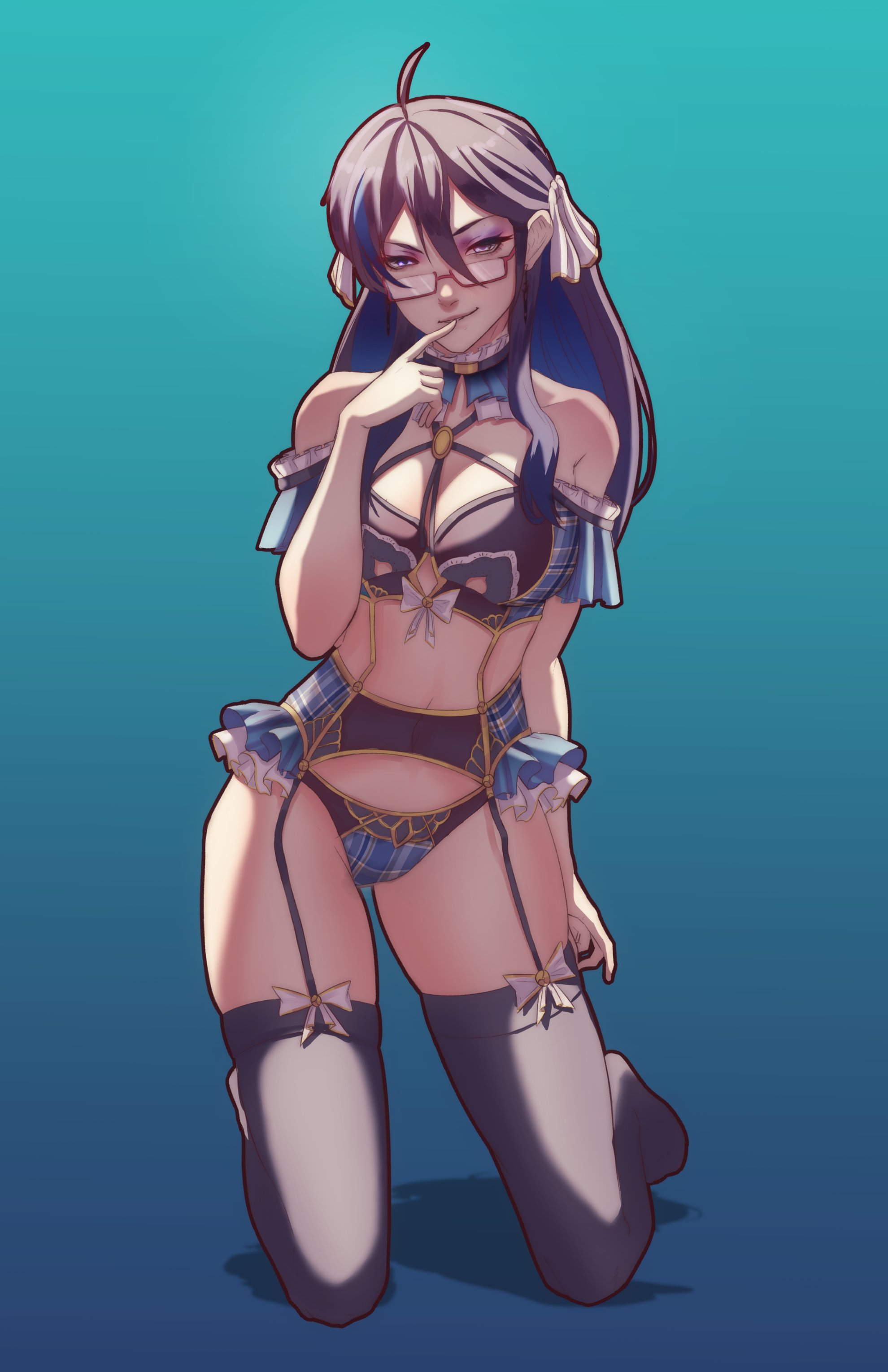 1girls, bare thighs, black hair, blue lingerie, breasts, colored inner hair, eyeshadow, female, finger to mouth, garter belt, glasses, large breasts, long hair, looking at viewer, makeup, multicolored hair, naughty face, original, pomelomelon, seductive, seductive smile, solo, solo female, thighhighs