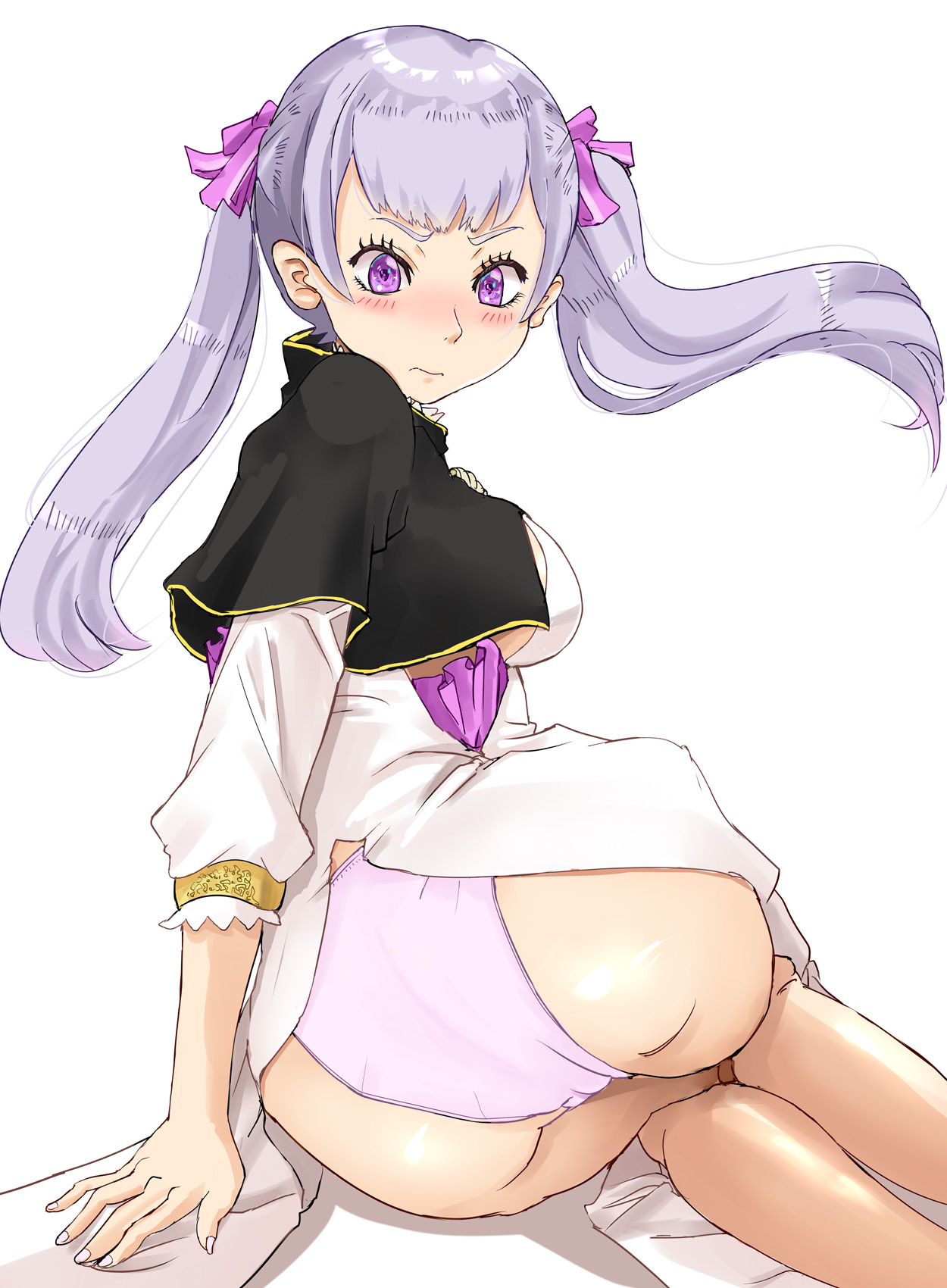 1girls, accidental exposure, ass, big ass, black bulls uniform, black clover, blush, bottomless, cloak, embarrassed, female, female only, hair ribbon, layered dress, legs, long hair, looking down, noelle silva, on side, panties, pink panties, presenting, purple eyes, royalty, silver hair, solo, teenager, tukemen gyokai, twintails, white background, white clothing