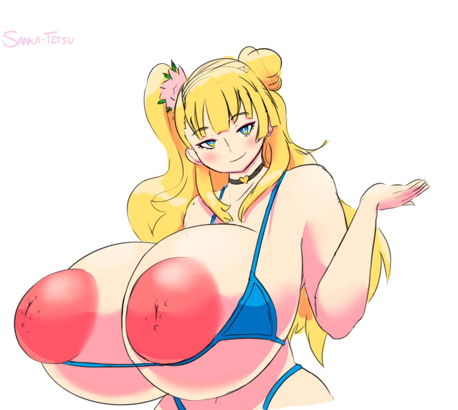 areolae barefoot bikini blue_bikini breasts_out busty curvy exposed_breasts eyebrows_visible_through_hair female galko galko-chan glands_of_montgomery grin gyaru huge_breasts hyper hyper_breasts inverted_nipples iron-0xide makeup multicolored_eyes naughty_face navel_line nipples oshiete!_galko-chan presenting presenting_breasts puffy_areola puffy_nipples sanka-tetsu seductive seductive_smile smile smirk smug solo tan tanline white_background