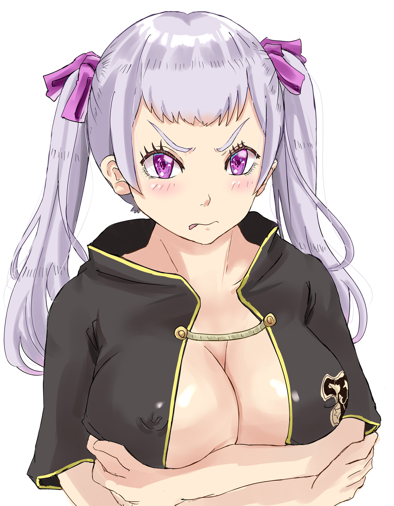1girls, angry, arms crossed, arms crossed under breasts, arms under breasts, black bulls uniform, black clover, blush, breast press, breasts, cleavage, cloak, covered breasts, embarrassed, female, female only, glaring, hair ribbon, large breasts, long hair, looking at viewer, nipple bulge, no bra, noelle silva, purple eyes, shirtless, silver hair, solo, solo female, sticking out tongue, teenager, tongue, tongue out, tukemen gyokai, twintails, white background