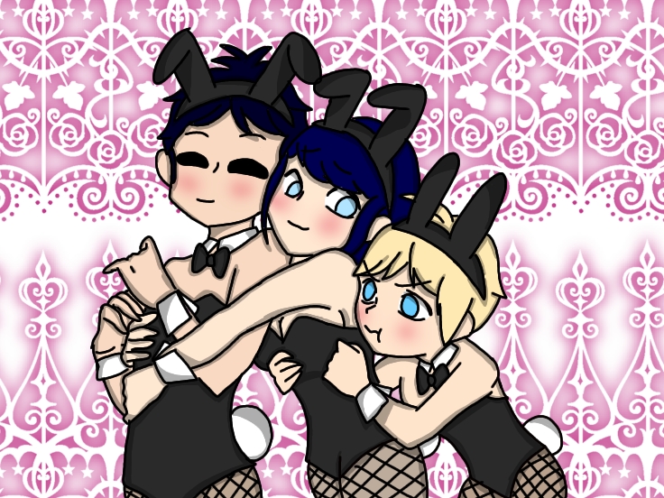 1boy 2girls artist_request bunny_boy bunny_girl bunnysuit female femboy male marc_anciel marinette_cheng marinette_dupain-cheng miraculous_ladybug multiple_girls rose_lavillant source_request unknown_artist