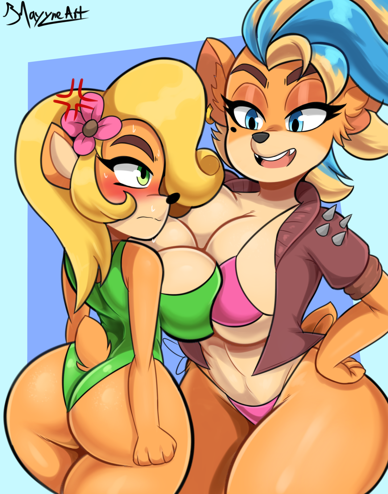 2girls, activision, anthro, ass, big ass, big breasts, bikini, bikini bottom, bikini top, blonde hair, blush, bmayneart, breast envy, breast press, breasts, bubble ass, bubble butt, coco bandicoot, crash (series), crash bandicoot (series), fang, female, female only, fur, furry, jacket, large ass, large breasts, long hair, makeup, pirate tawna, short hair, sweat, sweatdrop, swimsuit, tail, tawna bandicoot, tawna bandicoot (crash 4), thick thighs, thighs, two-tone hair, wide hips