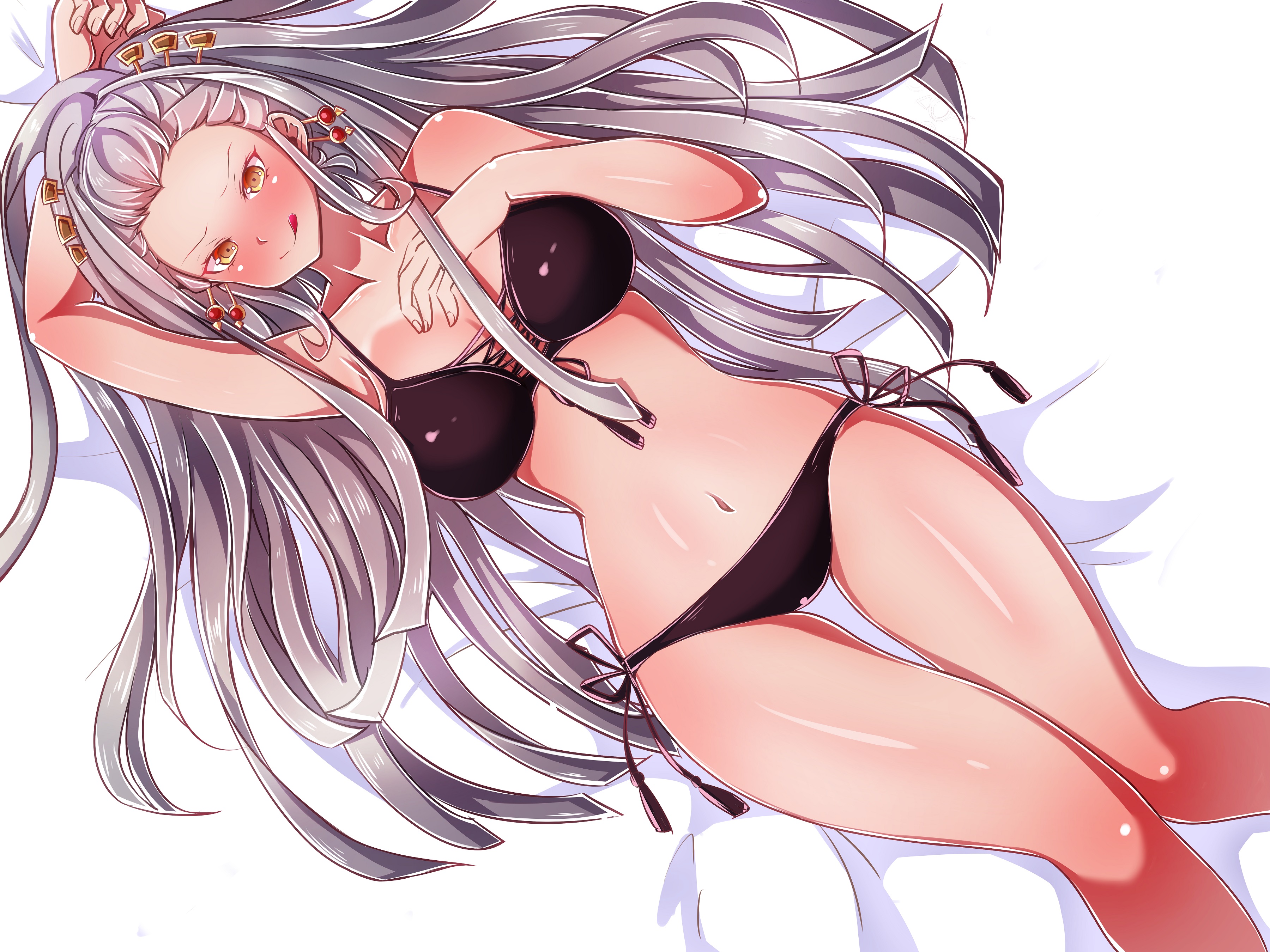 alternate costume, bikini, black bikini, blush, daki (kimetsu no yaiba), dakimakura, demon slayer, female, female only, hair ornament, illustpark0, kimetsu no yaiba, licking lips, long hair, looking at viewer, on back, side-tie bikini, silver hair, solo, swimsuit, thigh gap, very long hair, wide hips, yellow eyes