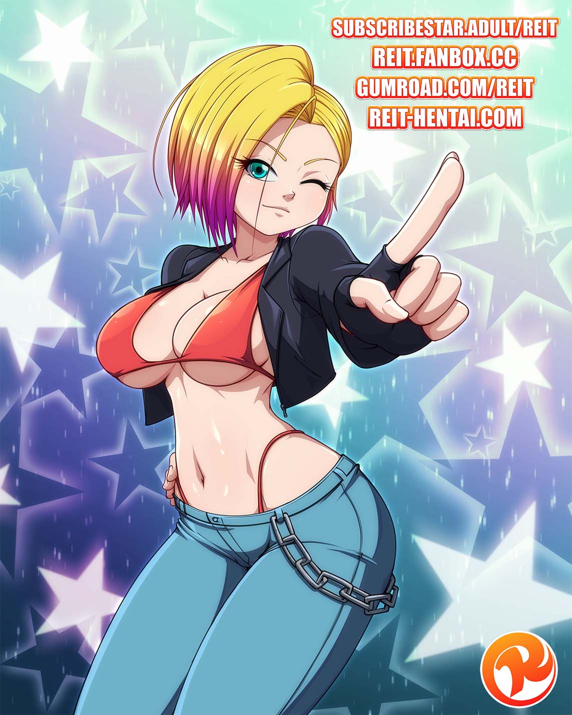 1girls, big breasts, bikini, blonde hair, breasts, cropped jacket, female, female only, jeans, looking at viewer, oc, open jacket, original, original character, pants, red bikini, reit, roxy (reit), short hair, solo, thong bikini, underboob, url, watermark