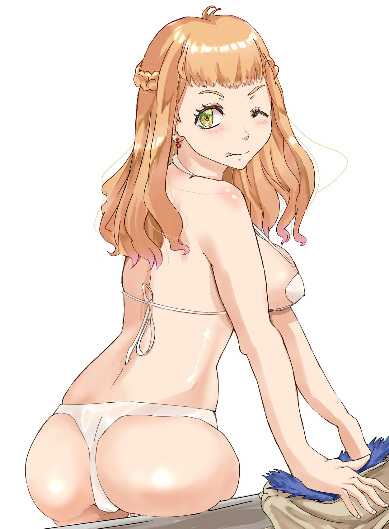 1girls, ass, back view, black clover, blush, bra, braid, breasts, cloak, clothed, dressing, dressing up, female, female only, green eyes, long hair, looking back, mimosa vermillion, one eye closed, orange hair, panties, partially clothed, playful, sideboob, solo, solo female, sticking out tongue, teenager, tongue, tongue out, tukemen gyokai, white background, wink