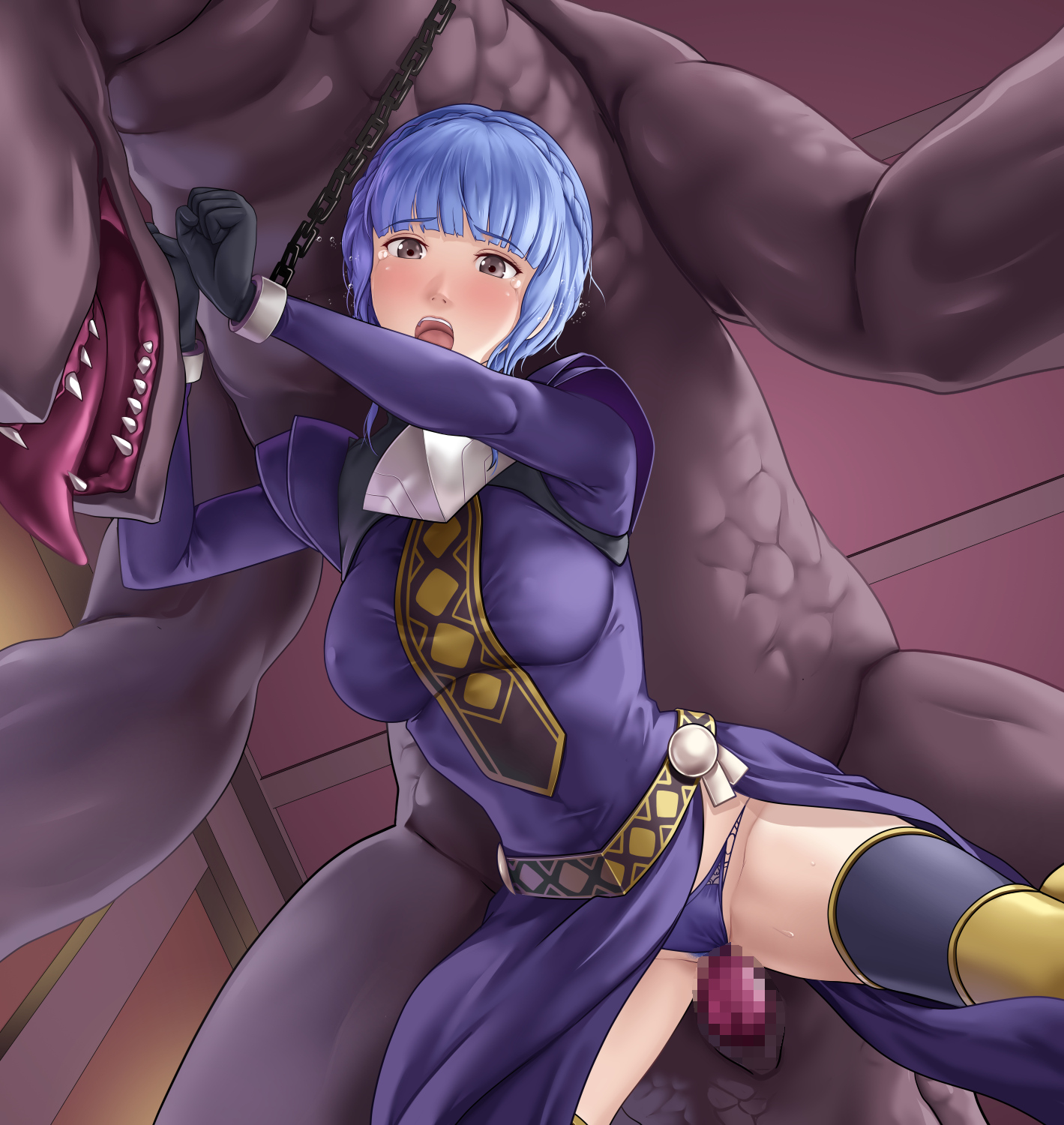 1girls, belly riding, blue hair, blue panties, bondage, censored, clothed female, clothed sex, color, deep rising, dominant male, dracophilia, dragon, fanny packing, female, female human/male feral, female on feral, fire emblem, fire emblem: three houses, highres, interspecies, leashed to genitals, male, marianne von edmund, monster, nintendo, panties, penis, pussy, rape, sex, submissive female, thor (deep rising), vaginal penetration, zoophilia