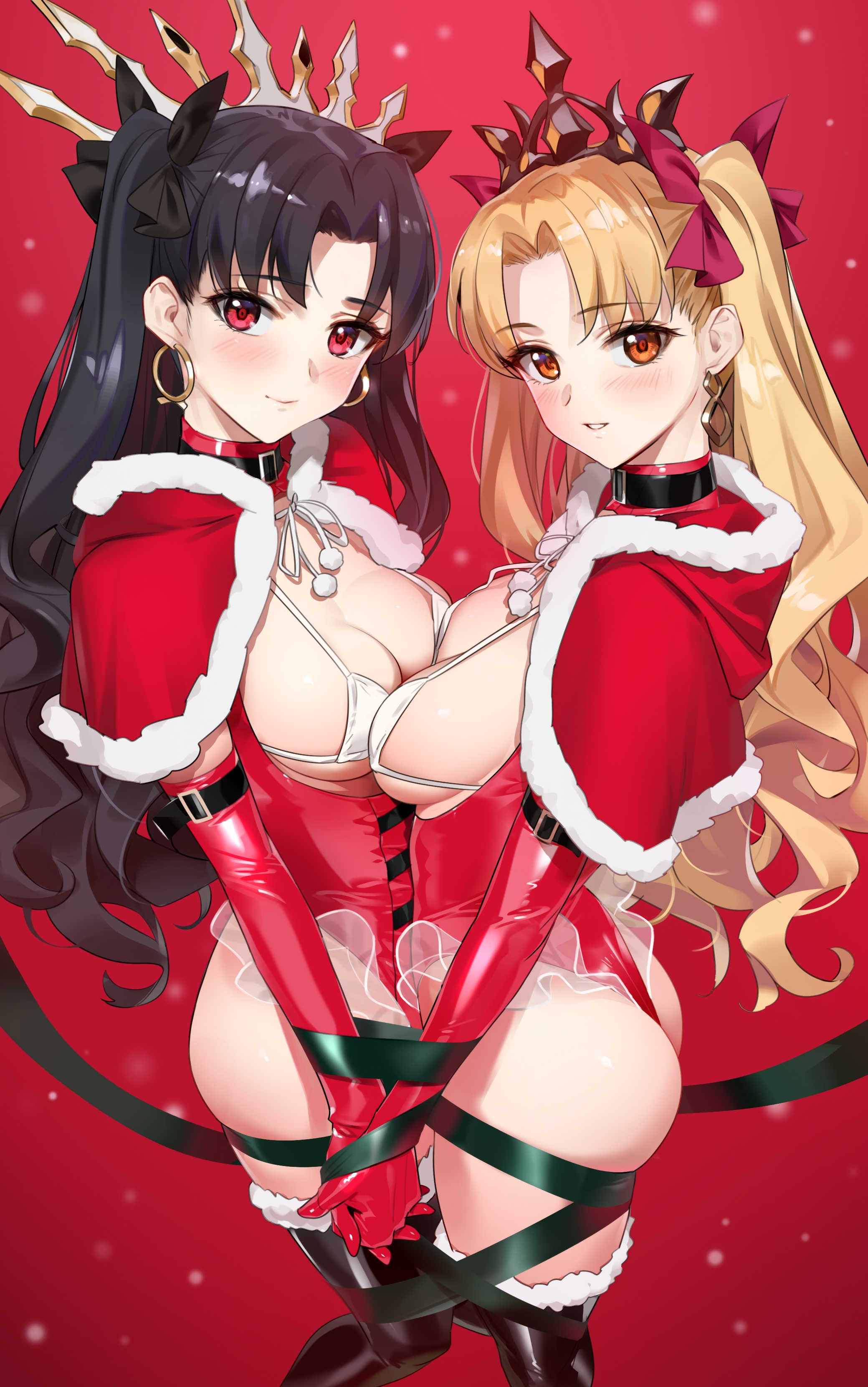 2girls, bikini, black hair, blonde hair, blush, christmas, christmas outfit, elbow gloves, ereshkigal (fate), fate (series), fate/grand order, female, female only, gloves, highres, holding hands, ishtar (fate), latex, latex gloves, long hair, multiple females, multiple girls, orange eyes, red background, red eyes, ribbon, twintails, yd (orange maru)