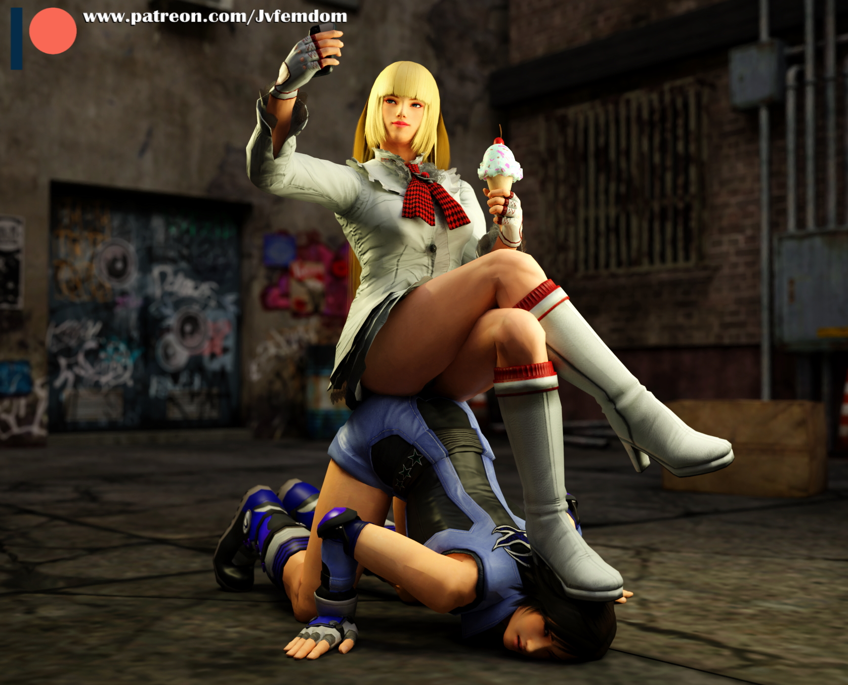 2girls, 3d, 3d (artwork), blonde hair, boot fetish, boots, brown hair, cellphone, crossed legs, domination, dominatrix, emilie de rochefort, face down ass up, female, female domination, female focus, female only, femdom, fingerless gloves, food, helpless, human furniture, humiliation, ice cream, jvfemdom, kazama asuka, long hair, multiple females, multiple girls, objectification, on all fours, sadism, selfie, short hair, sitting, sitting on person, smirk, stepped on, stepping on female, stepping on head, struggling, tekken, upskirt, white boots, wrestlingryona
