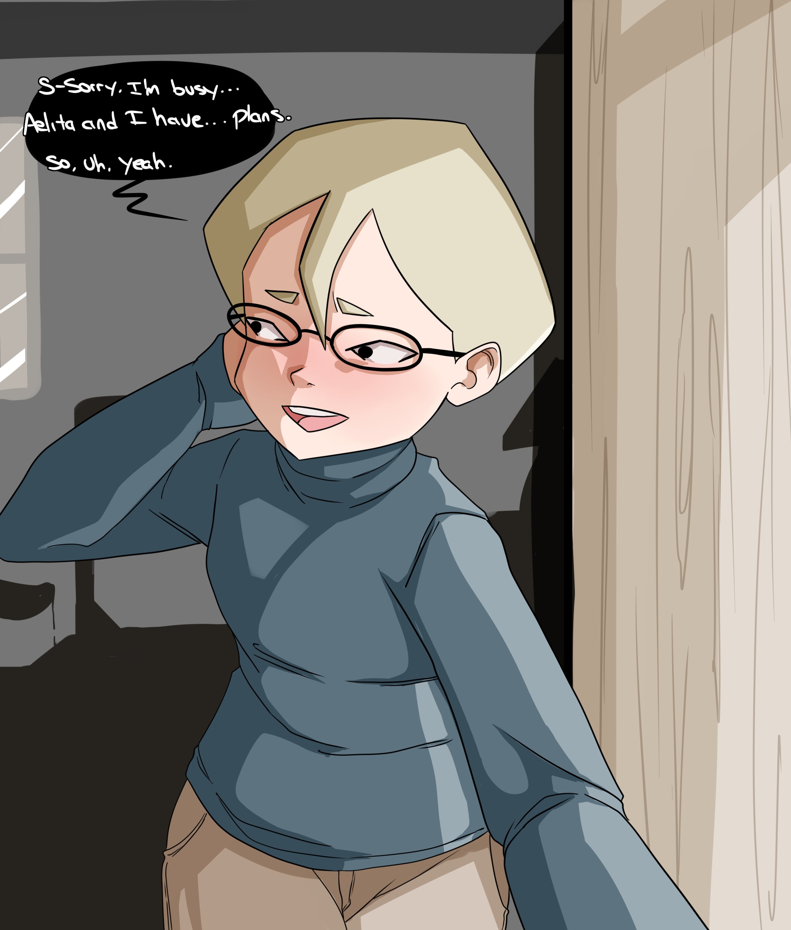 1boy, blush, blushing, clothing, code lyoko, comic, cute, dialogue, femboy, feminine male, glasses, human, inuyuru, jeremy belpois, looking away, male, male only, solo, text, yaoi