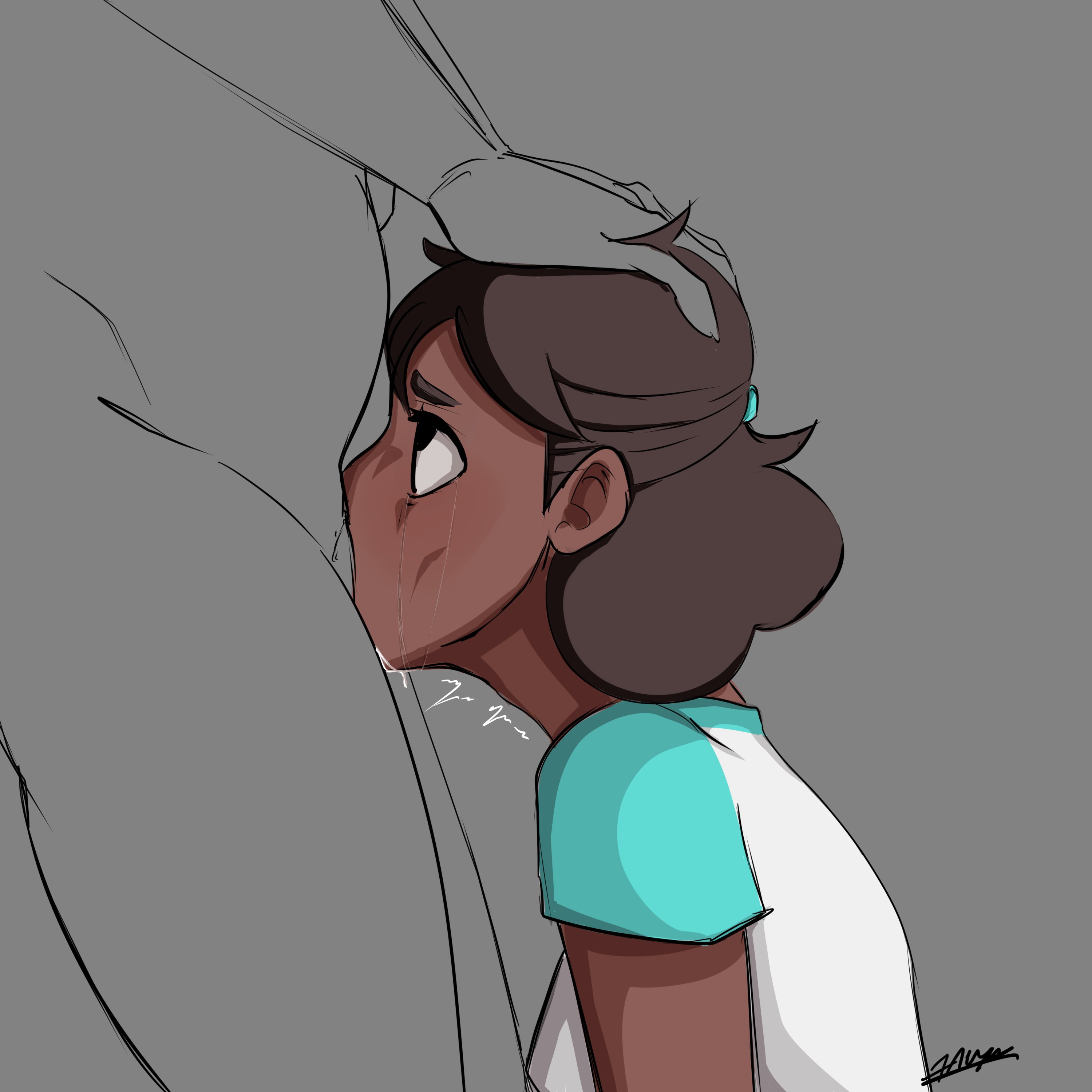 1boy, 1girls, 2021, all the way to the base, balls, balls deep, balls deep fellatio, cartoon network, clothed female nude male, connie maheswaran, dark skin, dark-skinned female, deepthroat, face plant, fellatio, female, female focus, inuyuru, male, oral, rolling eyes, sketch, steven universe, tears, throat bulge, unseen male face