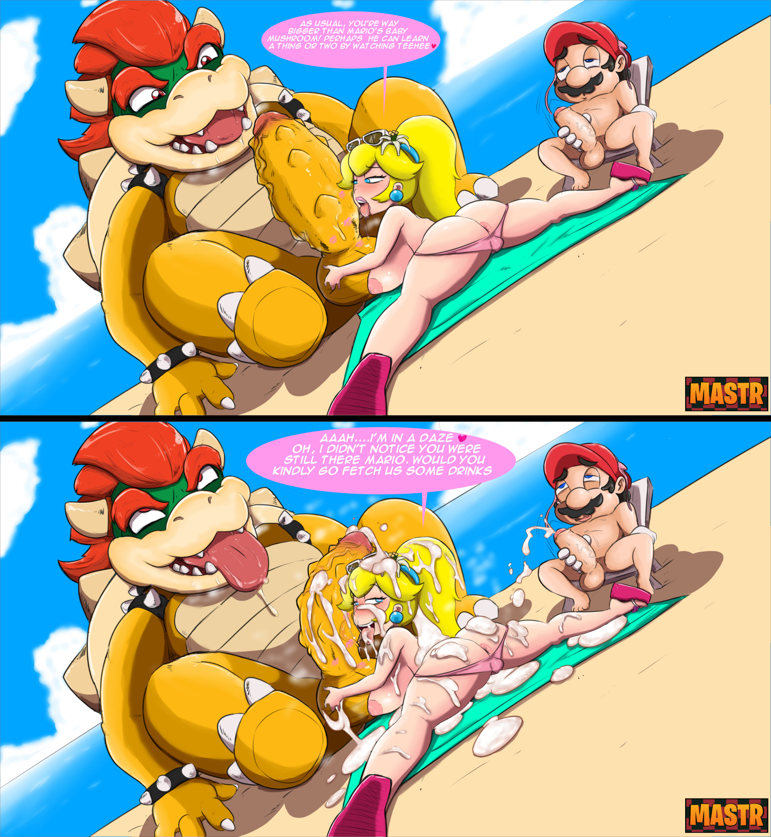 1girls, 2boys, 2koma, anus, ass, balls, beach, bikini, blonde hair, bowser, breasts, busty, comic, cuckold, dialogue, earrings, english text, female, heart, hourglass figure, human, interspecies, koopa, lying, male, mammal, mario, mario (series), mastr7up, mastrnsfw2, monster, multiple boys, multiple males, nintendo, nipples, on stomach, outdoors, penis, penis size difference, pink bikini, ponytail, princess, princess peach, reptile, royalty, scalie, sex, sitting, size difference, sky, small penis humiliation, speech bubble, spoken heart, swimsuit, tagme, testicles, text, tied hair, wide hips